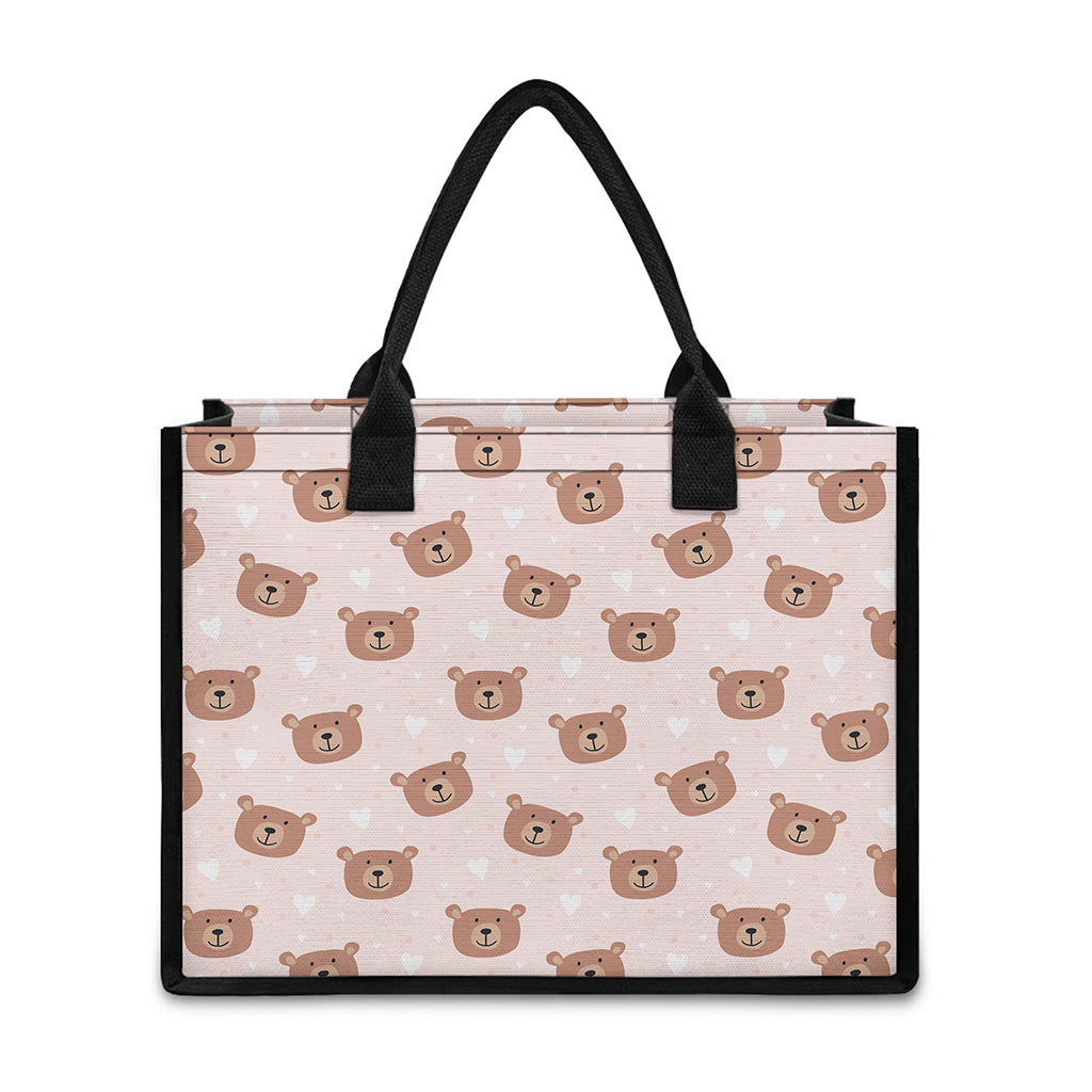 Cute Brown Bear Pattern Print Canvas Tote Bag