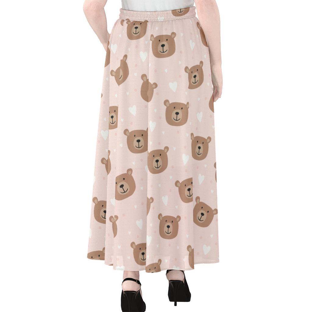 Cute Brown Bear Pattern Print Chiffon Maxi Skirt