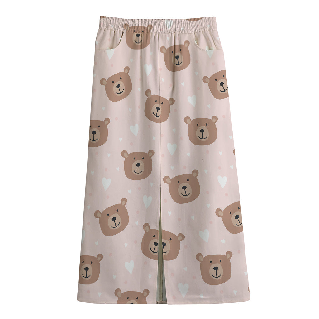 Cute Brown Bear Pattern Print Cotton Front Slit Maxi Skirt