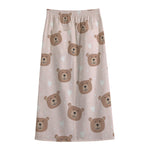 Cute Brown Bear Pattern Print Cotton Front Slit Maxi Skirt