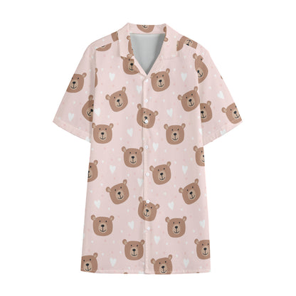 Cute Brown Bear Pattern Print Cotton Hawaiian Shirt