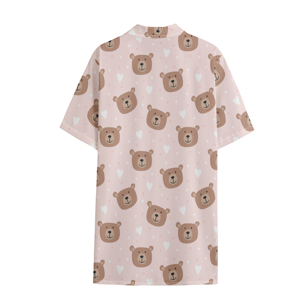 Cute Brown Bear Pattern Print Cotton Hawaiian Shirt