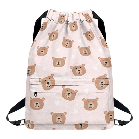 Cute Brown Bear Pattern Print Drawstring Backpack