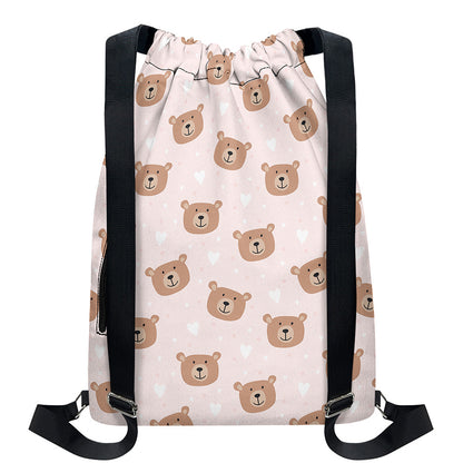 Cute Brown Bear Pattern Print Drawstring Backpack