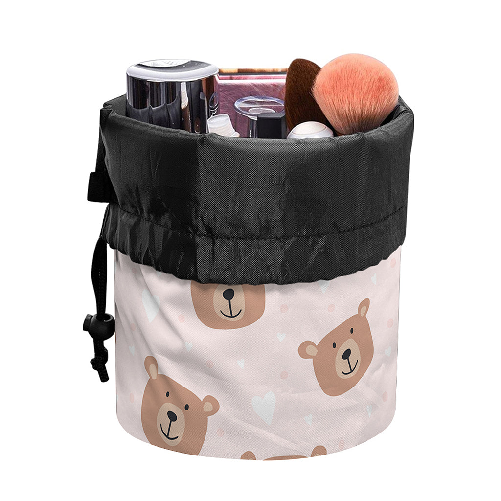 Cute Brown Bear Pattern Print Drawstring Makeup Bag