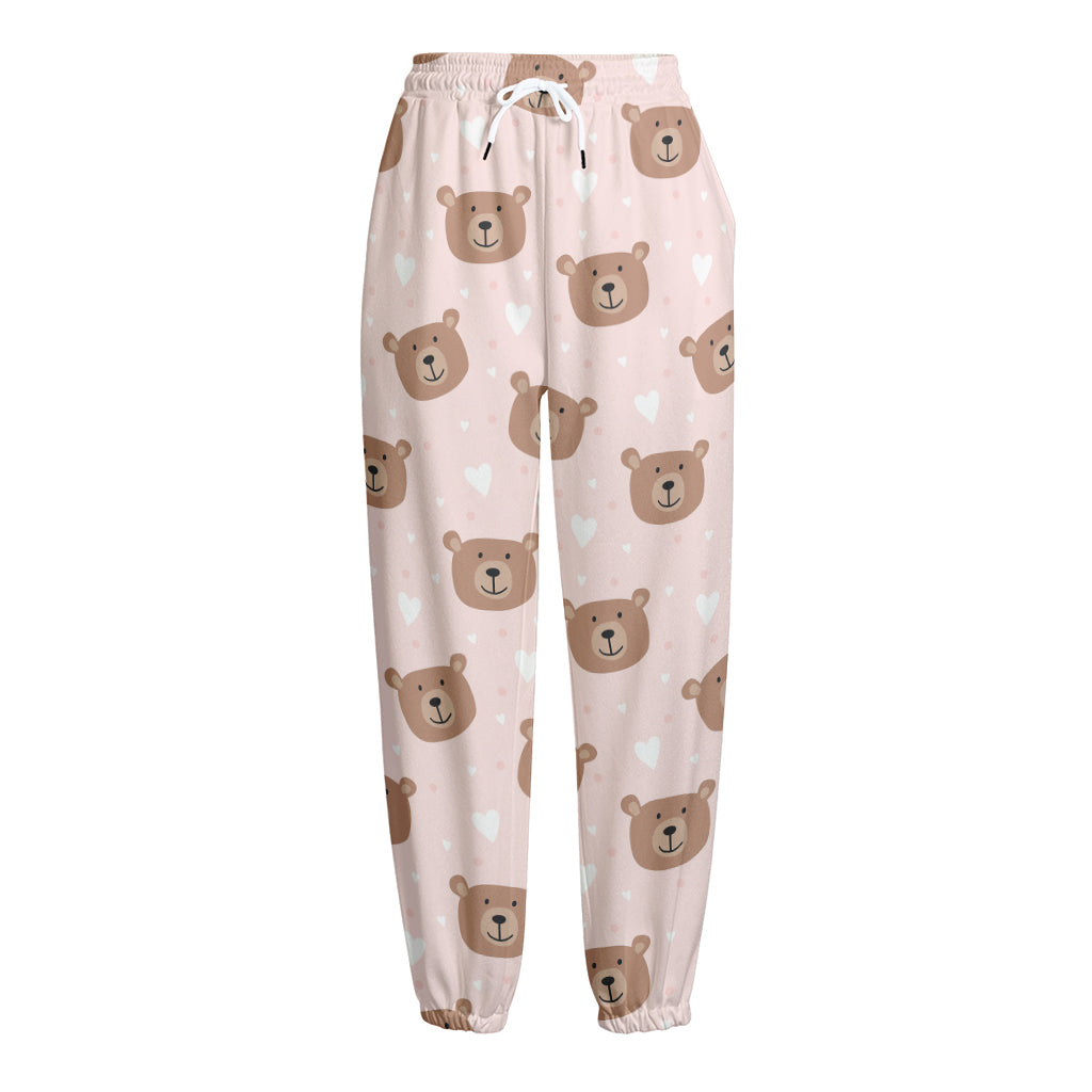 Cute Brown Bear Pattern Print Fleece Lined Knit Pants