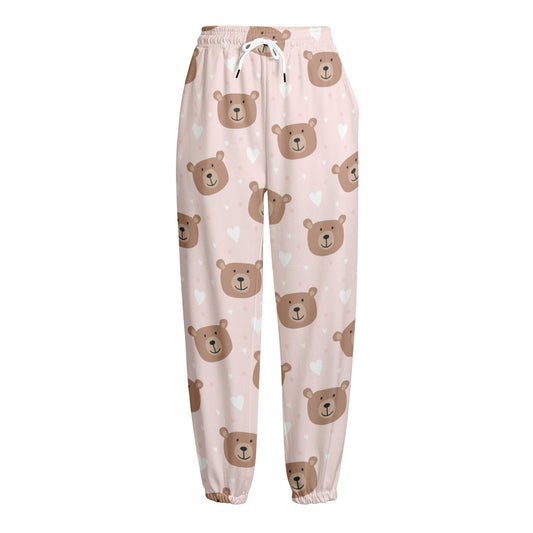 Cute Brown Bear Pattern Print Fleece Lined Knit Pants