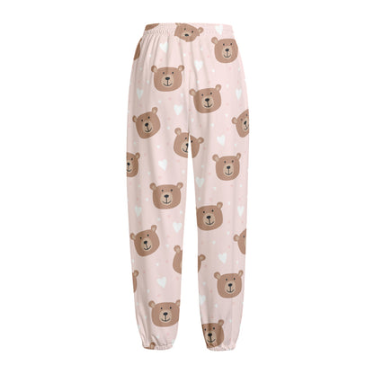 Cute Brown Bear Pattern Print Fleece Lined Knit Pants