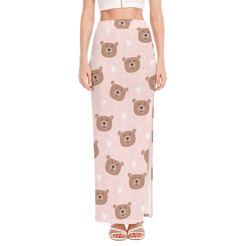 Cute Brown Bear Pattern Print High Slit Maxi Skirt