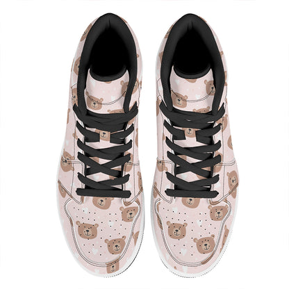 Cute Brown Bear Pattern Print High Top Leather Sneakers