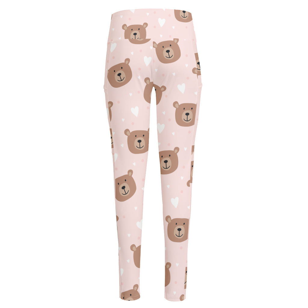 Cute Brown Bear Pattern Print High-Waisted Pocket Leggings