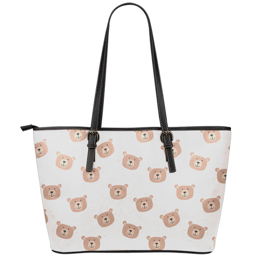 Cute Brown Bear Pattern Print Leather Tote Bag