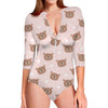 Cute Brown Bear Pattern Print Long Sleeve Swimsuit