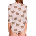 Cute Brown Bear Pattern Print Long Sleeve Swimsuit