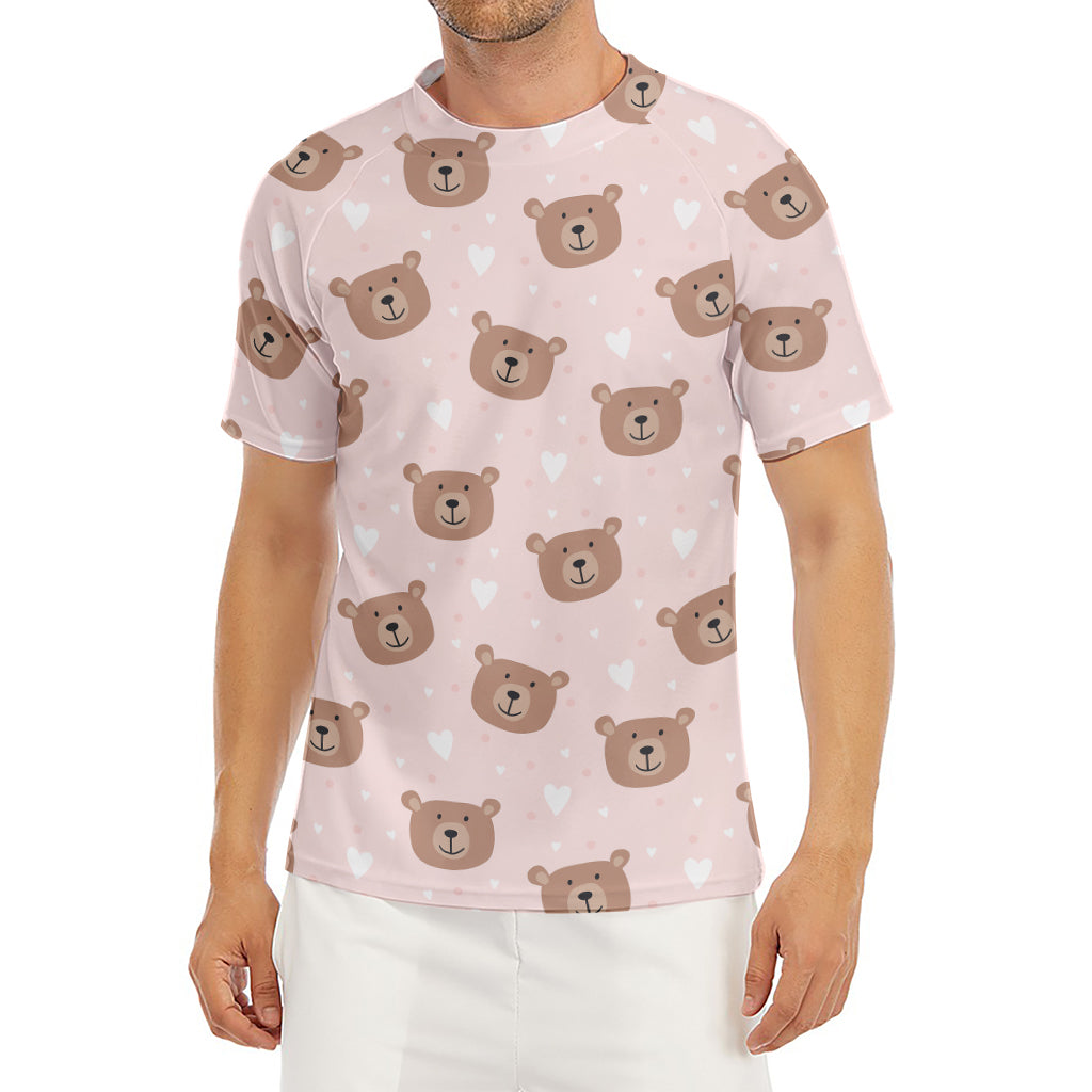 Cute Brown Bear Pattern Print Men's Short Sleeve Rash Guard