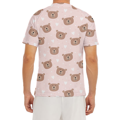 Cute Brown Bear Pattern Print Men's Short Sleeve Rash Guard