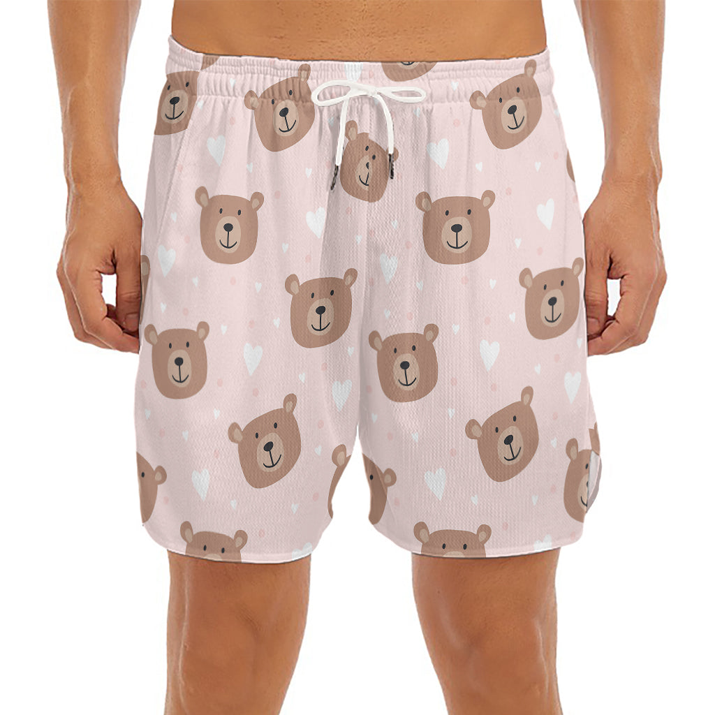 Cute Brown Bear Pattern Print Men's Split Running Shorts