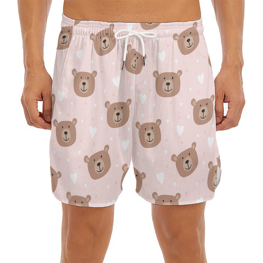 Cute Brown Bear Pattern Print Men's Split Running Shorts
