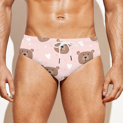 Cute Brown Bear Pattern Print Men's Swim Briefs