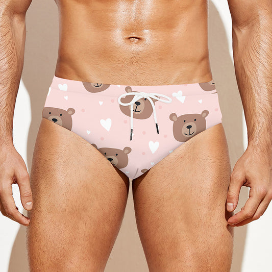 Cute Brown Bear Pattern Print Men's Swim Briefs