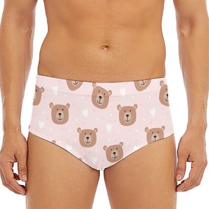 Cute Brown Bear Pattern Print Men's Triangle Swim Briefs