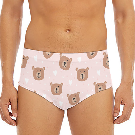 Cute Brown Bear Pattern Print Men's Triangle Swim Briefs