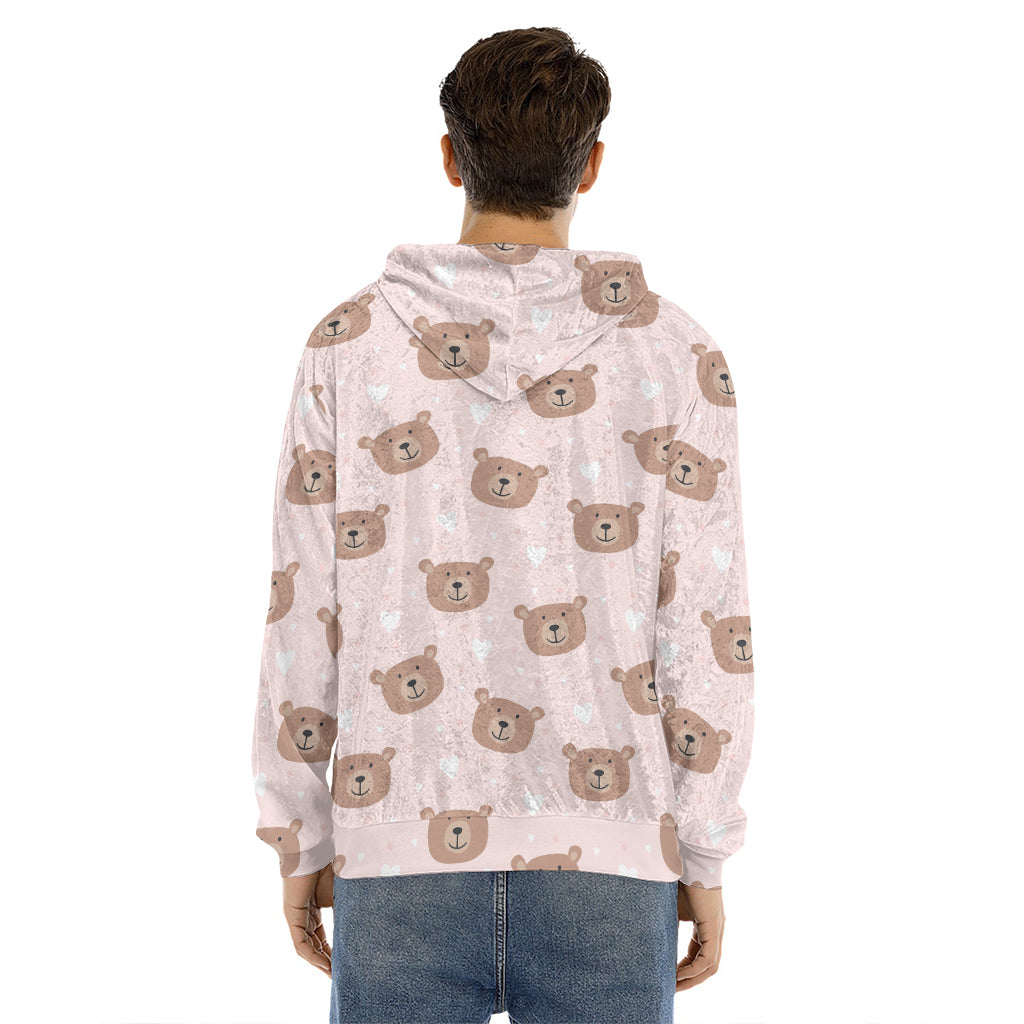 Cute Brown Bear Pattern Print Men's Velvet Pullover Hoodie
