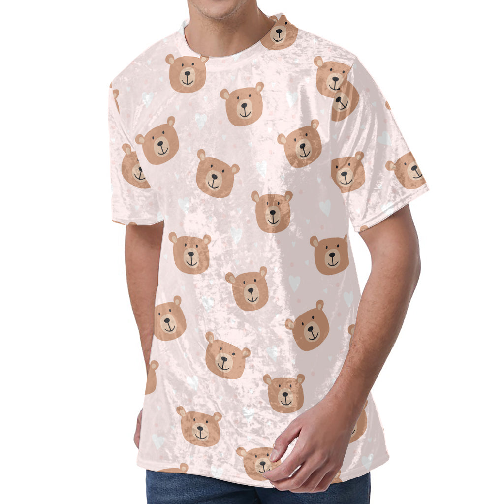Cute Brown Bear Pattern Print Men's Velvet T-Shirt