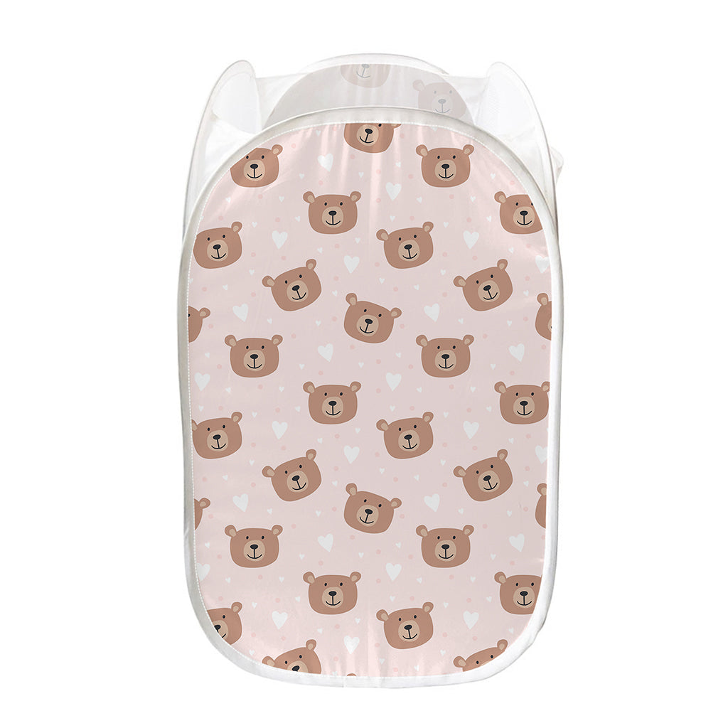 Cute Brown Bear Pattern Print Mesh Laundry Hamper