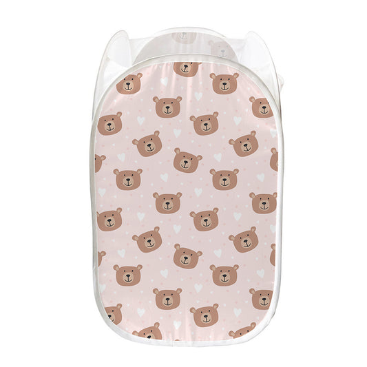 Cute Brown Bear Pattern Print Mesh Laundry Hamper