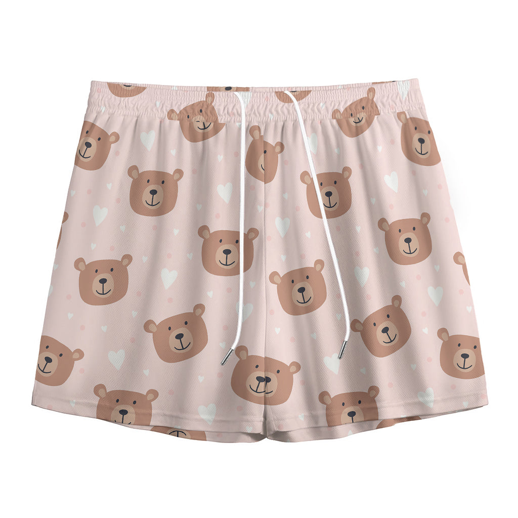 Cute Brown Bear Pattern Print Mesh Shorts