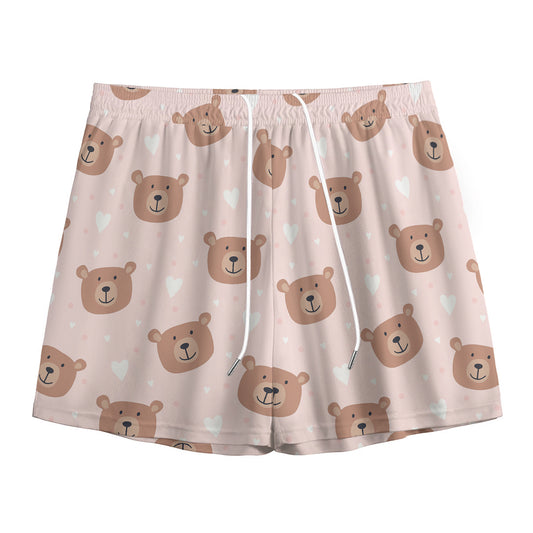 Cute Brown Bear Pattern Print Mesh Shorts