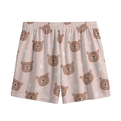 Cute Brown Bear Pattern Print Mesh Shorts