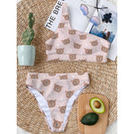 Cute Brown Bear Pattern Print One Shoulder Bikini Top