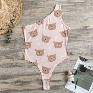 Cute Brown Bear Pattern Print One Shoulder Bodysuit