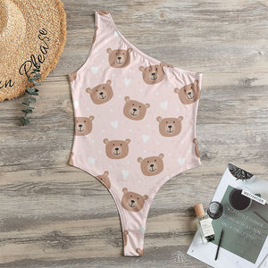 Cute Brown Bear Pattern Print One Shoulder Bodysuit