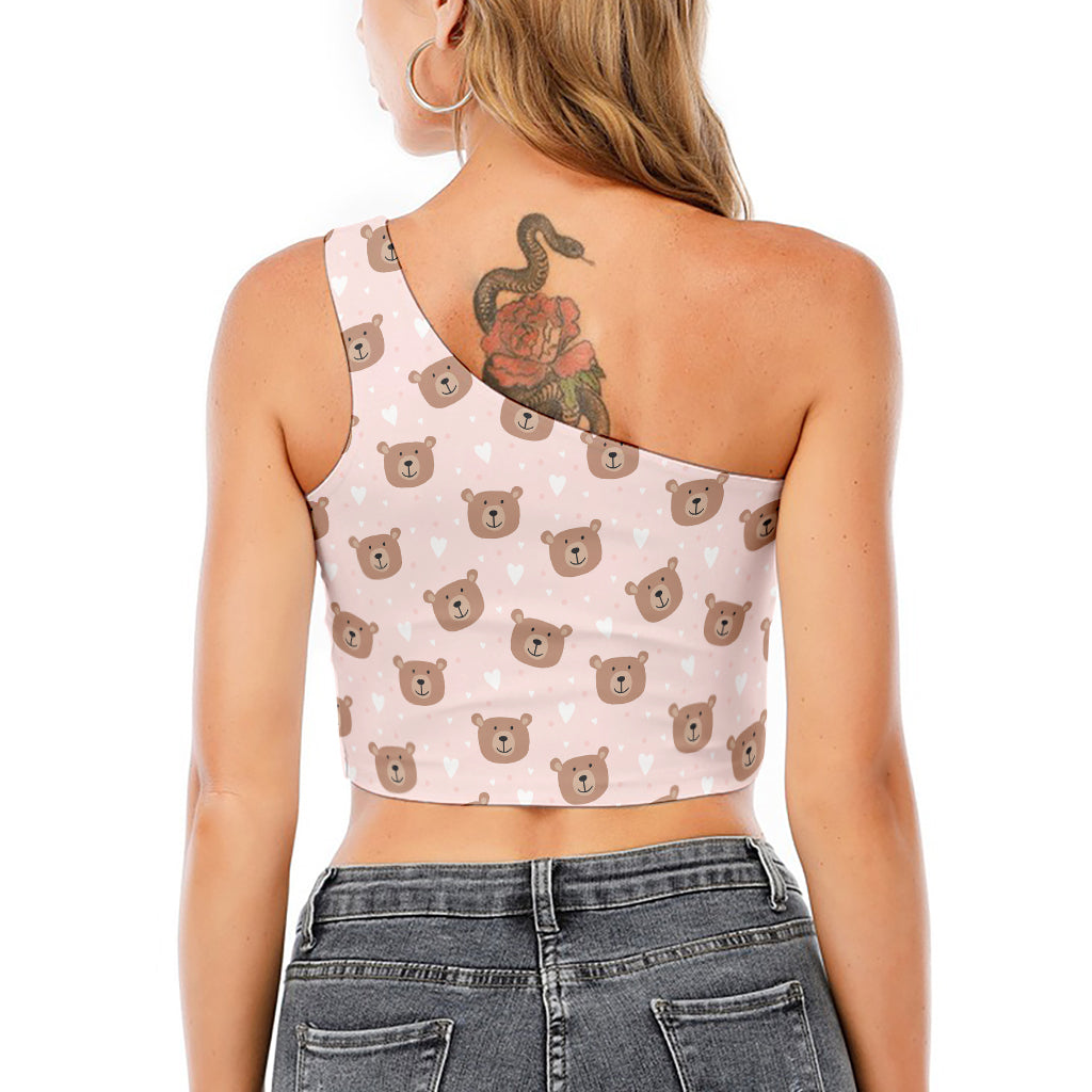 Cute Brown Bear Pattern Print One Shoulder Crop Top