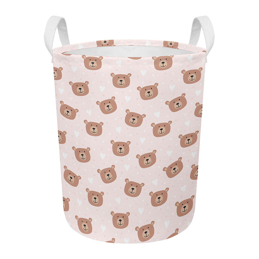 Cute Brown Bear Pattern Print Round Laundry Basket