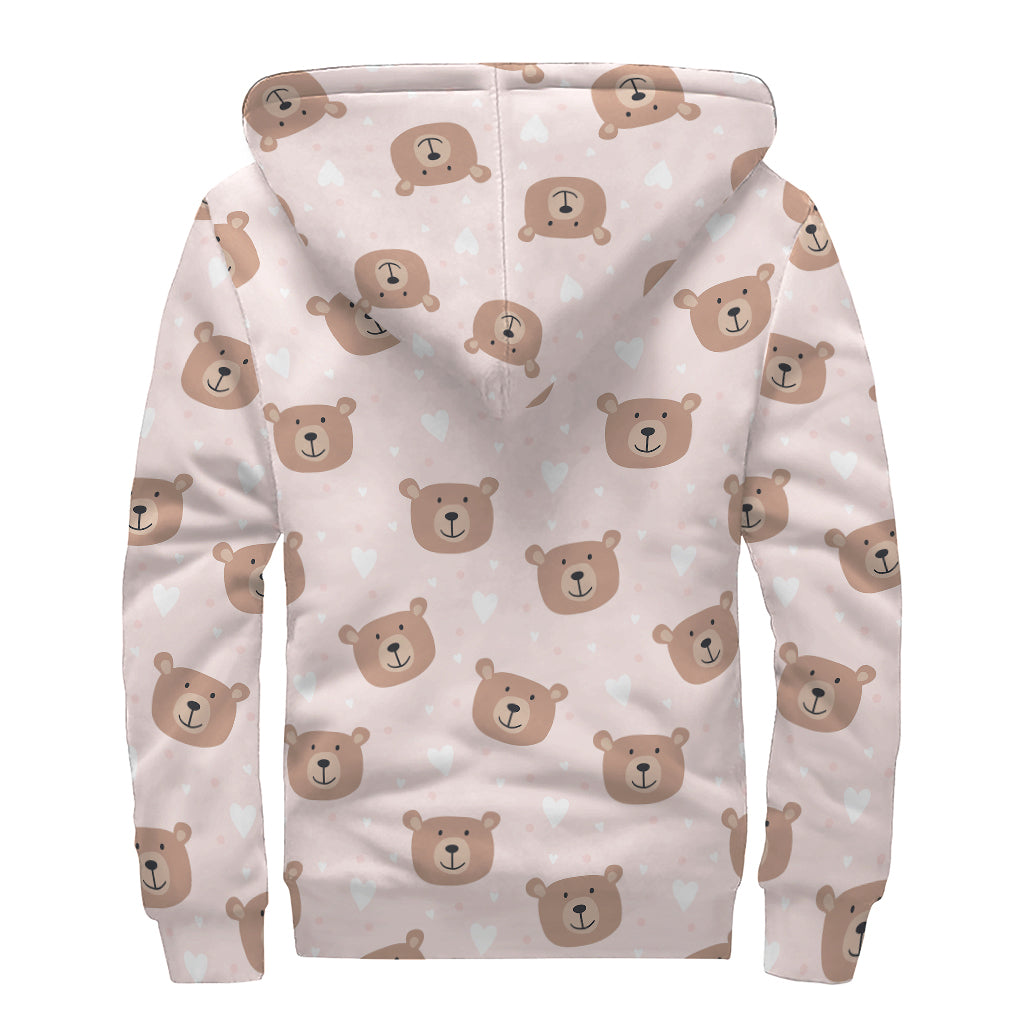 Cute Brown Bear Pattern Print Sherpa Lined Zip Up Hoodie