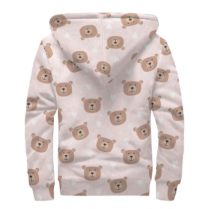 Cute Brown Bear Pattern Print Sherpa Lined Zip Up Hoodie