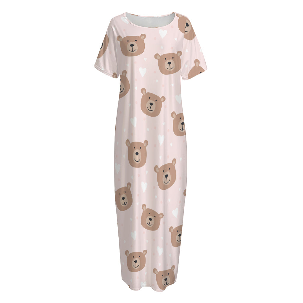 Cute Brown Bear Pattern Print Short Sleeve Long Nightdress