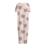 Cute Brown Bear Pattern Print Short Sleeve Long Nightdress