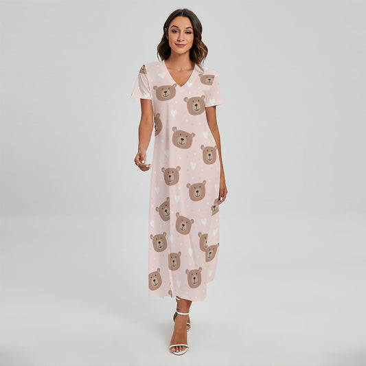 Cute Brown Bear Pattern Print Short Sleeve Maxi Dress
