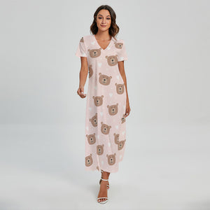 Cute Brown Bear Pattern Print Short Sleeve Maxi Dress