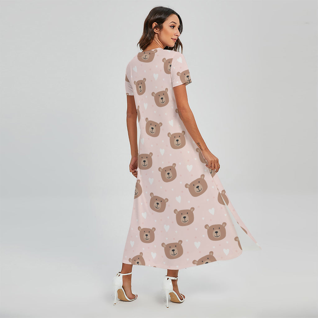 Cute Brown Bear Pattern Print Short Sleeve Maxi Dress