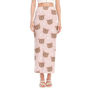 Cute Brown Bear Pattern Print Side Slit Maxi Skirt