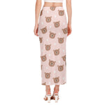 Cute Brown Bear Pattern Print Side Slit Maxi Skirt