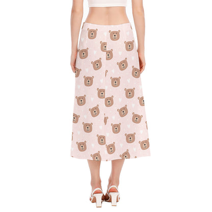 Cute Brown Bear Pattern Print Side Slit Midi Skirt