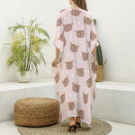 Cute Brown Bear Pattern Print Silk V-Neck Kaftan Dress