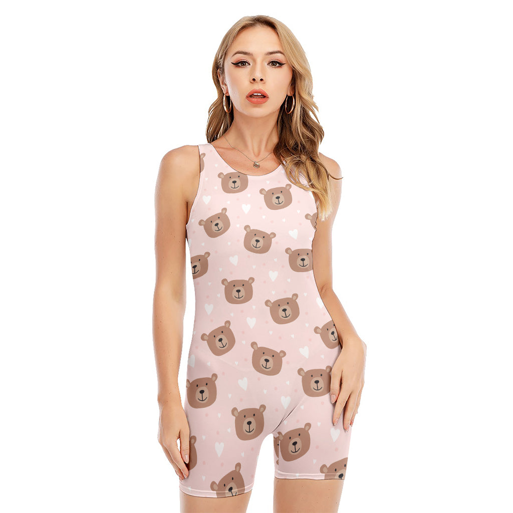 Cute Brown Bear Pattern Print Sleeveless One Piece Swimsuit